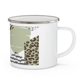 Enamel Mug, Green Grey Brown Hexagon Print